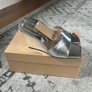 Wandler Silver Wedge Sandals with Crossover Straps